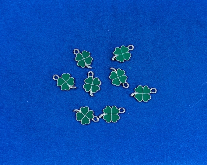 Emerald Green Enamel and Silver Four Leaf Lucky Clover Charm Pendents - Set of Eight
