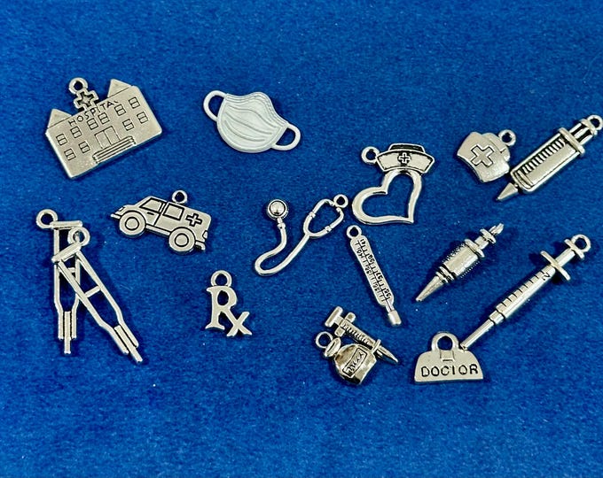 Silver Hospital Medics Set for Paramedics, Doctors and Nurses Charm Pendants - Set of Fifteen