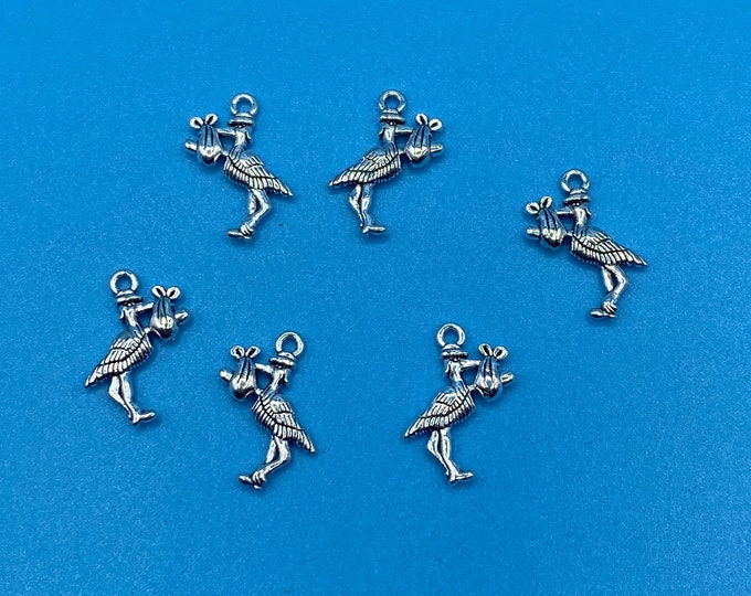 Silver New Baby Stork Carry a New Baby Charm Pendants  ~ Set of Six