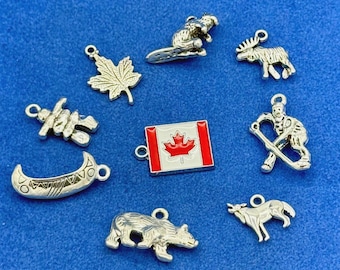 Silver Iconic Canadian Canada Emblems Charms and Pendants  - Set of Nine