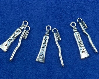 Silver Toothbrush and Toothpaste Tube Set Charm Pendants - Three Sets