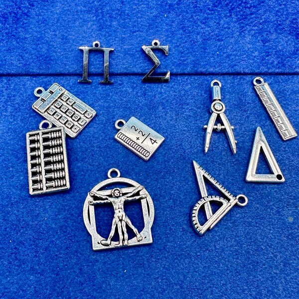 Set di ciondoli e pendenti in argento per oggetti scolastici di matematica, matematica, geometria ~ Set da dieci