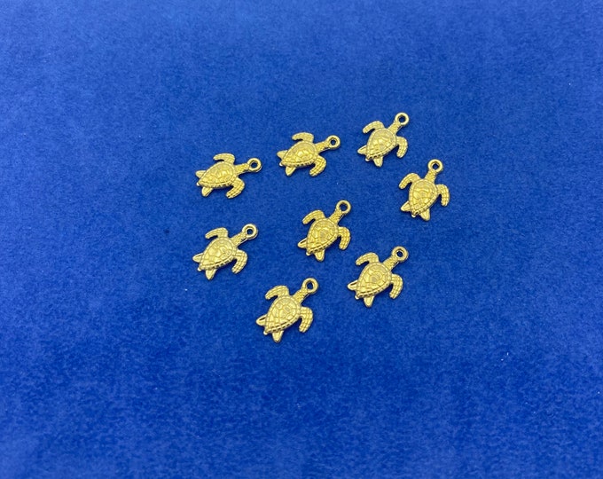 Little Bright Gold Swimming Turtle Charm Pendants  ~ Set of Eight