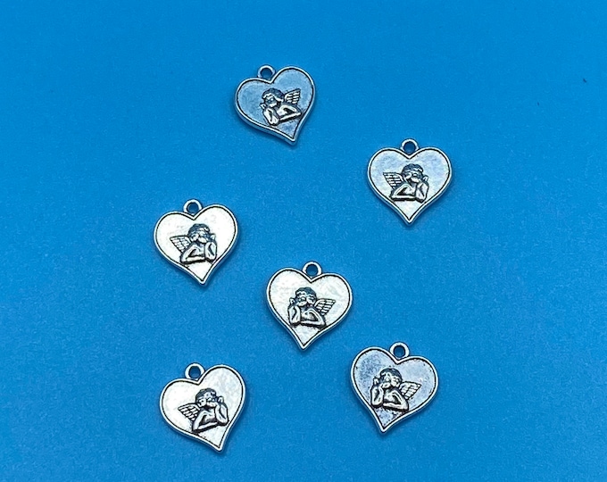Silver Vintage Style Hearts with Cupid Cherub Angel Charm Pendants ~ Set of Six
