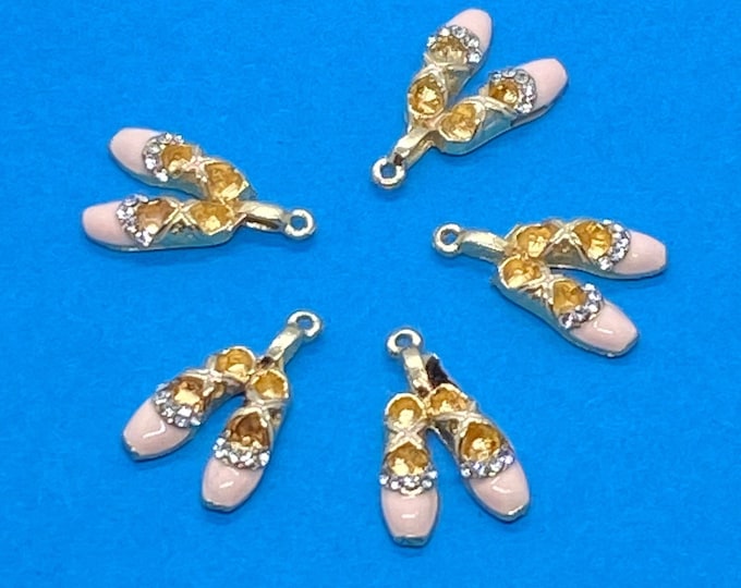 Pink Enamel Gold & Diamanté Ballerina Ballet Shoe Charm Pendant  - Set of Five