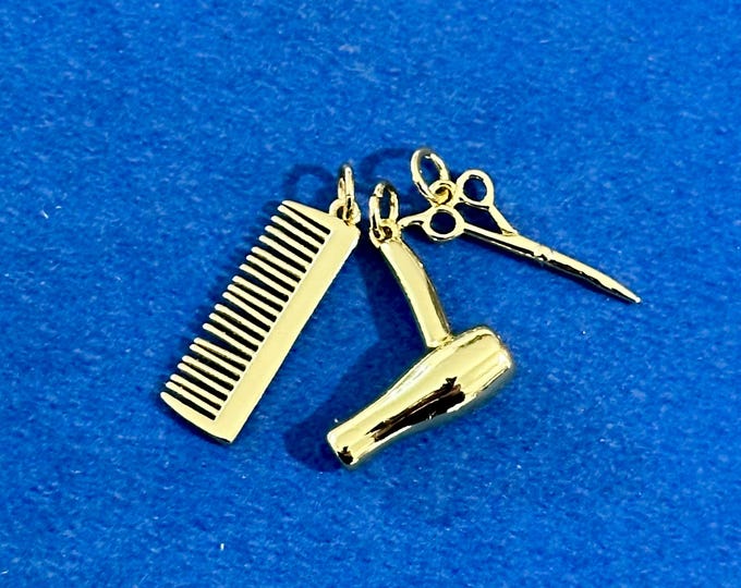 18kt Gold Plated Hairdressing, Barber and Stylist Hair Dryer, Comb and Scissors Charm Pendants - Set of Three