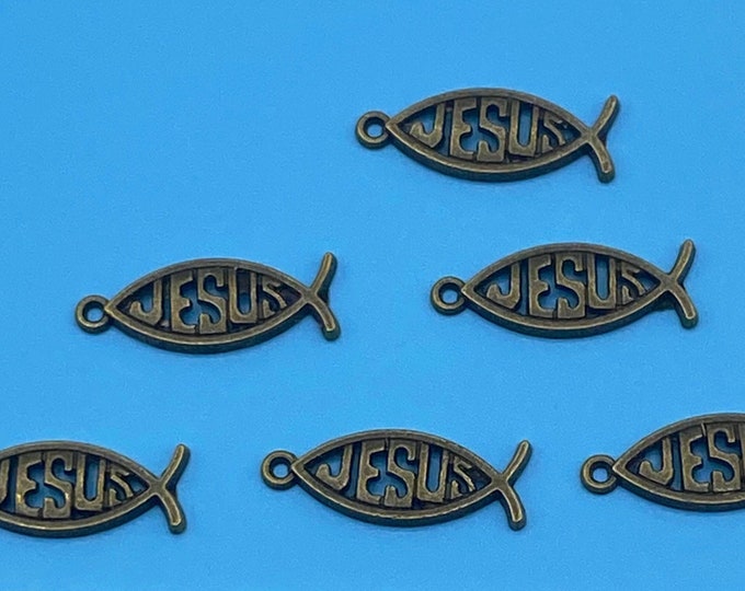 Antique Bronze Christian Symbol Fish with Jesus  ~ Set of Six