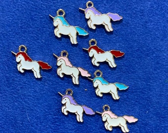 Small White Enamel Unicorn on Gold Charm Pendents  ~ Set of Eight