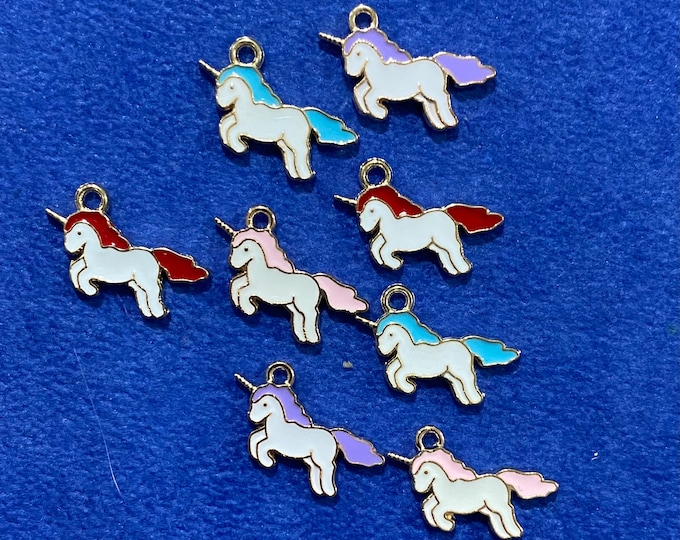 Small White Enamel Unicorn on Gold Charm Pendents  ~ Set of Eight
