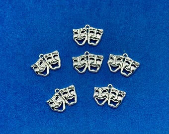 Silver Comedy and Tragedy Theatre Masks Preforming Arts Charms Pendants ~ Set of Six