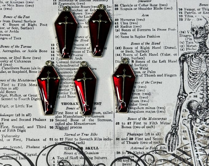 Traditional Vampire Coffin in Red Enamel and Gold Charm Pendants ~ Set of Five