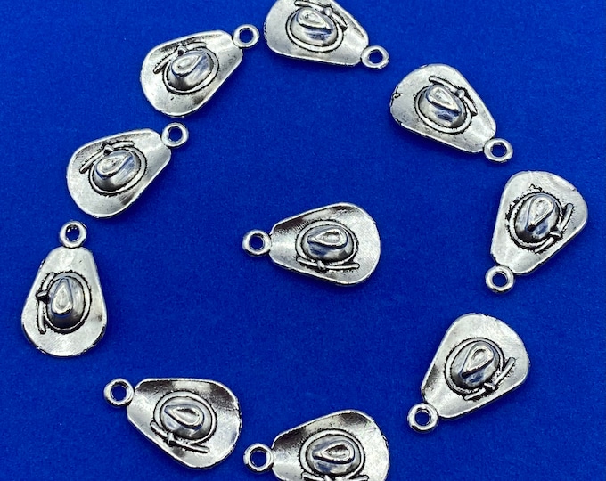 Silver Cowboy Hat Charms and Pendants ~ Set of Ten
