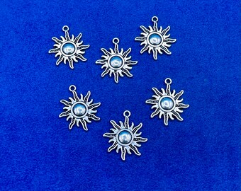 Traditional Style Silver Sun Symbol with Solar Flares Charms Pendant ~ Set of Six