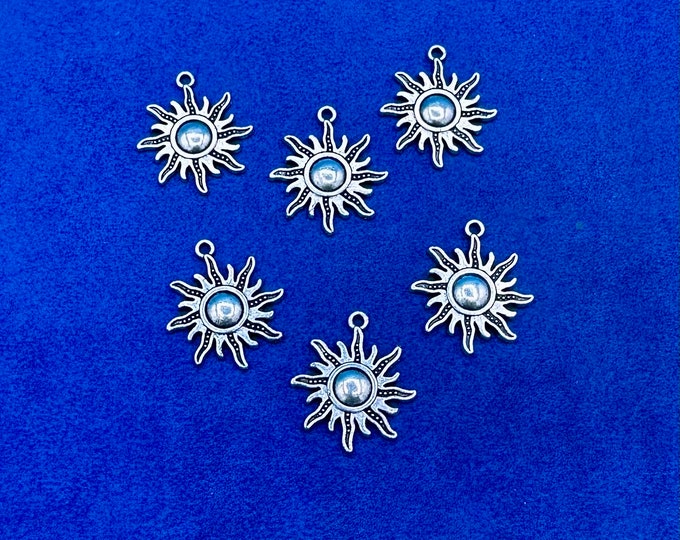 Traditional Style Silver Sun Symbol with Solar Flares Charms Pendant ~ Set of Six