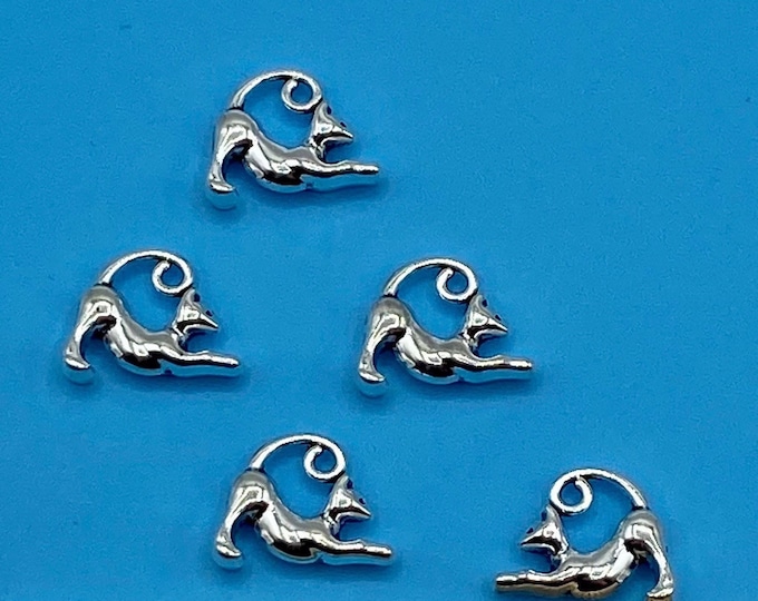 Silver Stretching Cat Charm Pendents - Set of Five