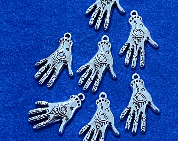 Silver Palmistry Fortune Telling Hand with Evil Eye and Zodiac Symbols Charm Pendant  - Set of Seven