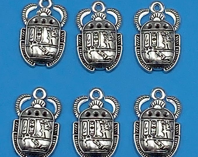 Large Silver Egyptian Scarab Beetle Charm Pendant - Set of Six