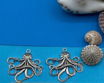 Large Antique Silver Pair of Octopus Pendant Charms ~ Set of two