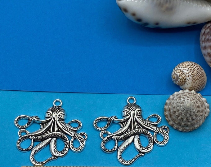 Large Antique Silver Pair of Octopus Pendant Charms ~ Set of two