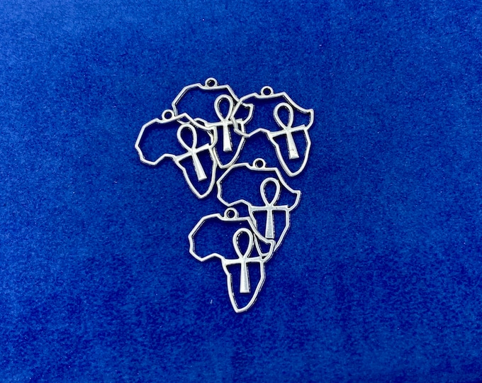 Large Silver Outline of Africa with Ankh Inside Charms and Pendents - Set of Five
