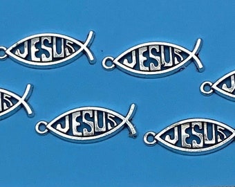 Silver Christian Symbol Fish with Jesus Charm Pendants ~ Set of Six