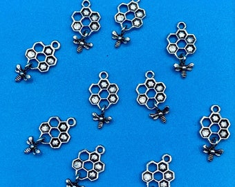 Silver Dangling Honey Bee with Honeycomb Charm Pendants ~ Set of Ten