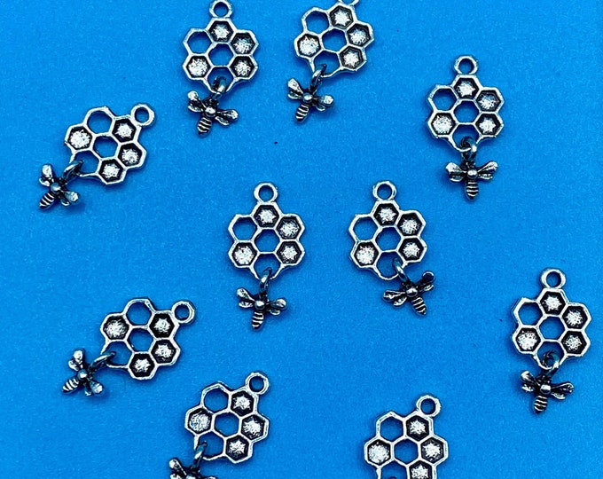 Silver Dangling Honey Bee with Honeycomb Charm Pendants ~ Set of Ten