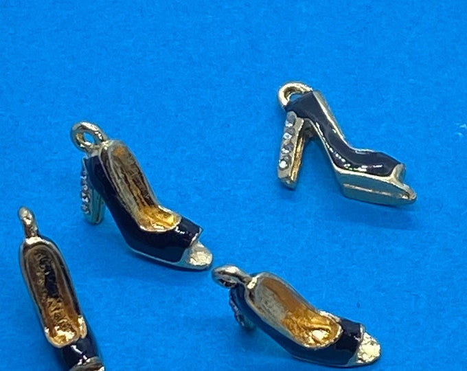 Black Enamel and Gold Peep Toe Stiletto High Heel Shoe with Diamanté Heel Pendant Charms -  Set of Four