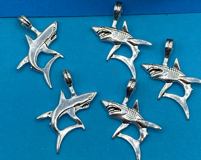 Large Silver Great White Shark Jaws Meg Charm Pendant - Set of Five