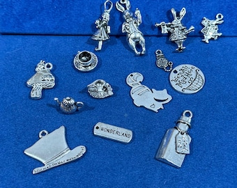Alice in Wonderland Charm Pendants: Silver Metal Alloy Set of Fourteen