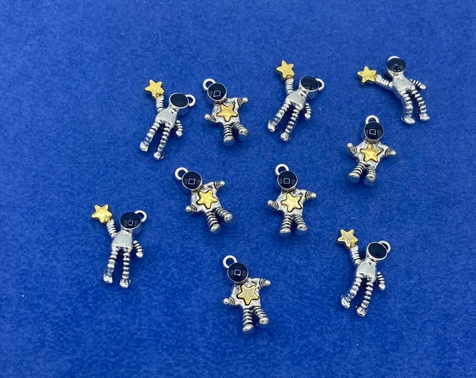 Silver Astronaut Spaceman with Gold Star Charm Pendants ~ Mixed Set of Ten.