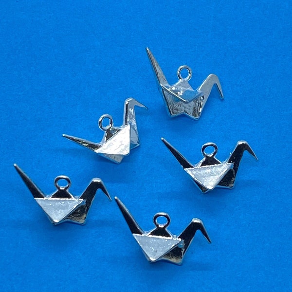 Silver Origami Cranes or Orizuru Charms Pendants - Set of Five