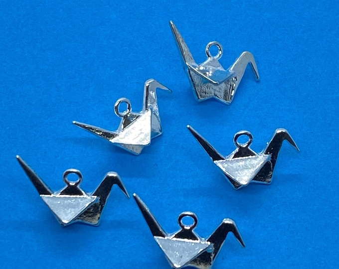 Silver Origami Cranes or Orizuru Charms Pendants - Set of Five