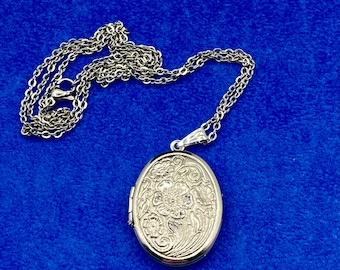 Silver Stainless Steel Oval Photo Locket with a Traditional Art Nouveau Floral Design with Necklace.