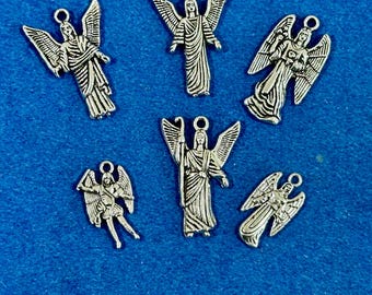 Six Silver Archangels Gabriel, Raphael, Micheal, Jophiel, Zadkiel and Samuel Charm Pendants - Set of Six