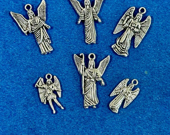 Six Silver Archangels Gabriel, Raphael, Michael, Jophiel, Zadkiel and Samuel Charm Pendants - Set of Six