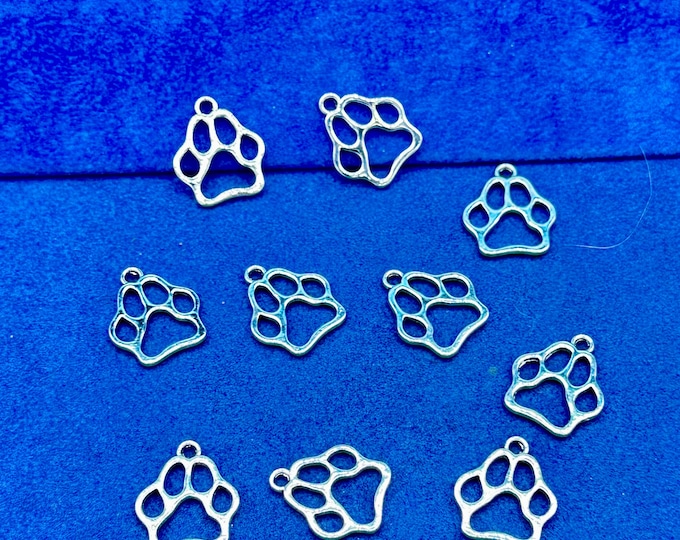 Bright Silver Paw Print Dogs, Cats, Bears and more Charm Pendents - Set of Ten