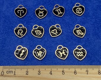 Small Black Enamel and Gold Zodiac Star Signs Heart Shaped Charms Set of 12