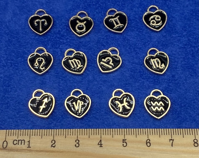 Small Black Enamel and Gold Zodiac Star Signs Heart Shaped Charms Set of 12