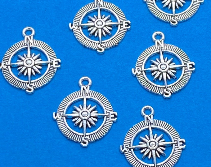 Traditional Silver Ships Compass Pendant Charm - Set of Six