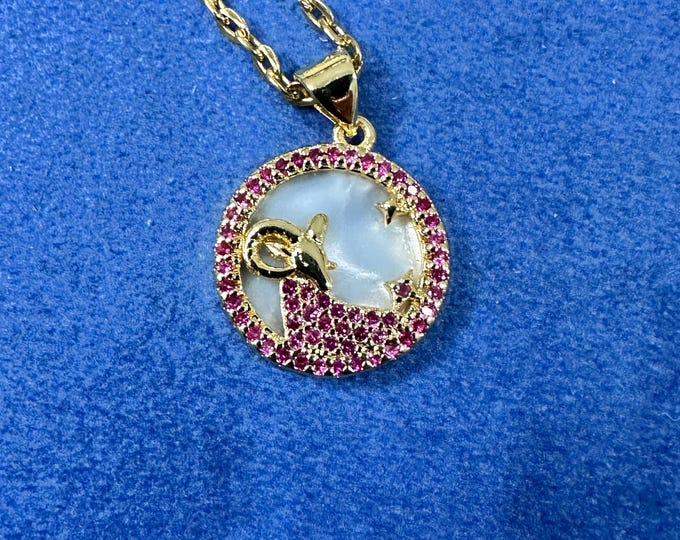 Aries Star Sign Zodiac Charm Pendant Necklace - Brass Micro Pave, Ruby Cubic Zirconia with shell real 18kt Gold plated