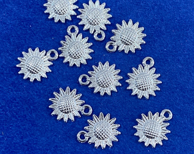 Bright Silver Sunflower Charms Pendant -  Set of Ten