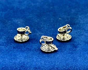 Brass & Platinum Silver Tea Cup Saucer and Spoon Charms Pendant From Alice’s Adventures In Wonderland - Set of Three