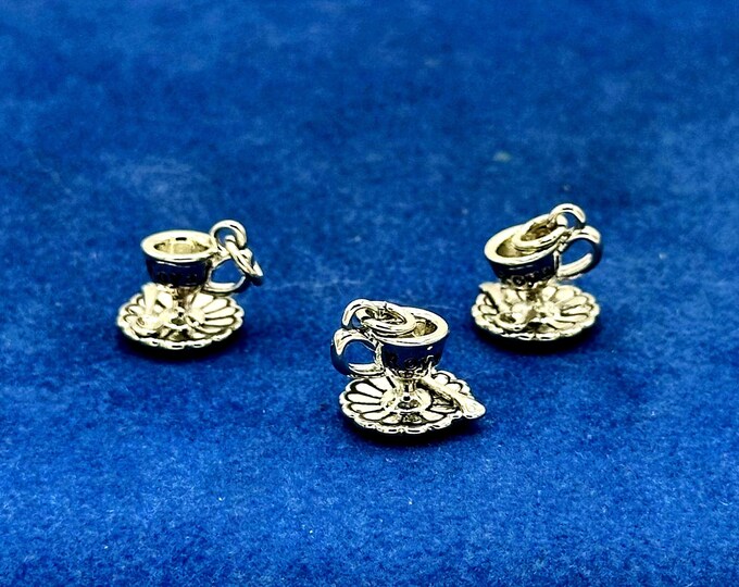 Brass & Platinum Silver Tea Cup Saucer and Spoon Charms Pendant From Alice’s Adventures In Wonderland - Set of Three