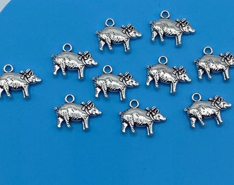 Silver Pig Charms with Bows: Antique Style Pendants - Set of Ten