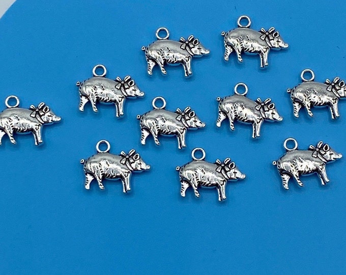 Silver Lucky Pigs with Cute Bows Charms Pendants  ~ Set of Ten