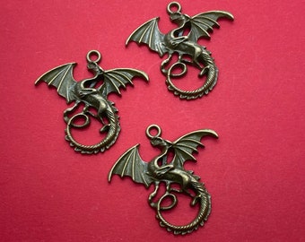 Large Antique Bronze Dragon Charm Pendent ~ Set of Three