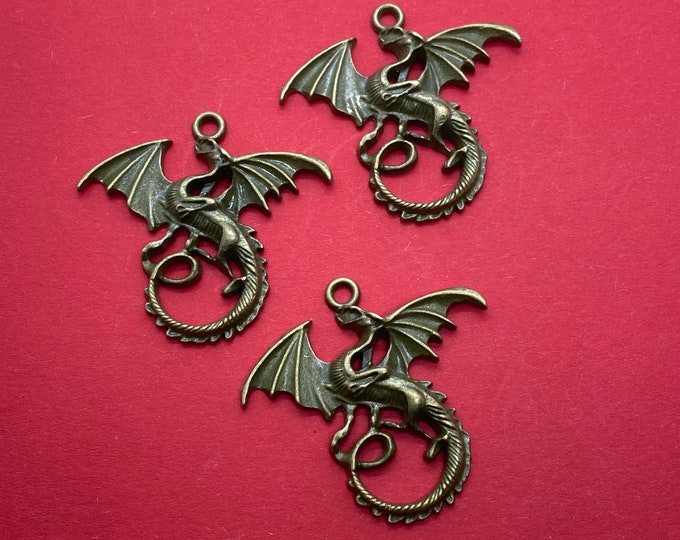 Large Antique Bronze Dragon Charm Pendent ~ Set of Three