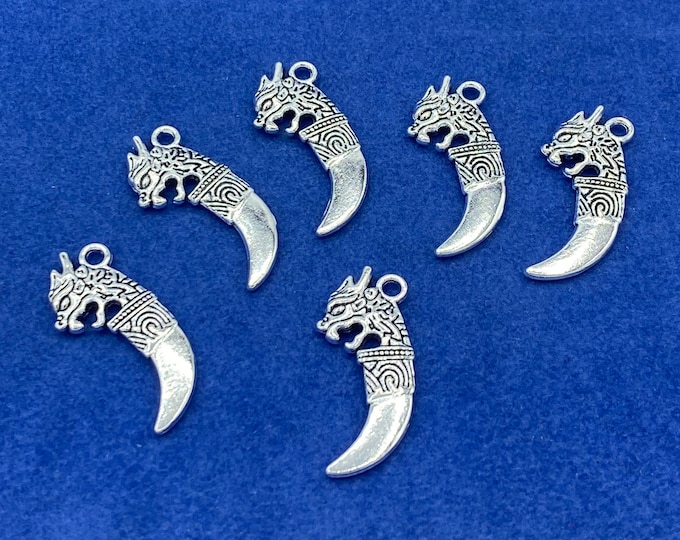 Small Silver Fantasy Viking Norse Dragon Curved Dagger Charm Pendant - Set of Six