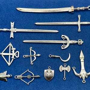 Large Silver Fantasy Weapons Arsenal Set Charms Pendants  ~  New Set of Twelve